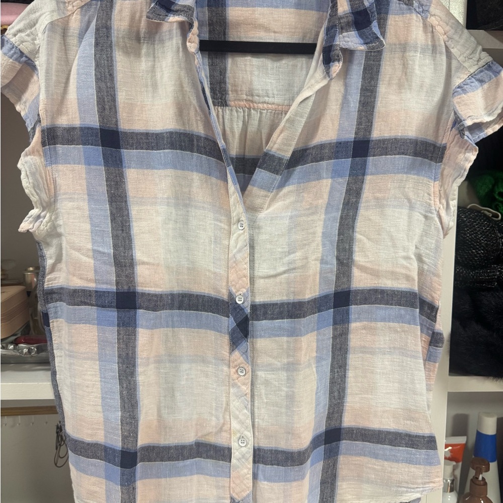 Bella Dahl Plaid Button Front Short Sleeve Blouse Soft Lightweight - Picture 2 of 4